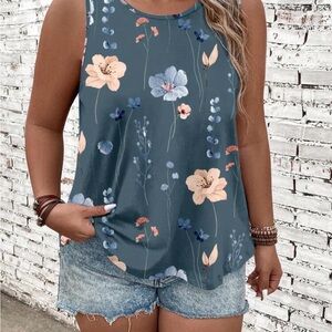 Floral Print Sleeveless Tank Top - Blue and Pink